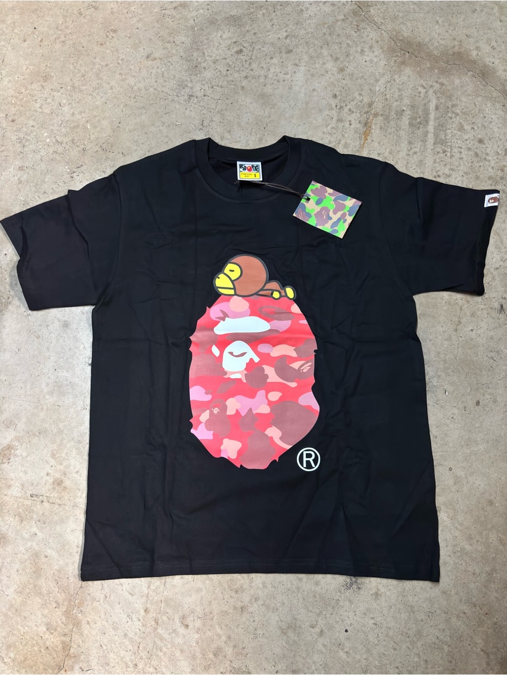 Bape Black Tee with Pink Camo Ape Graphic
